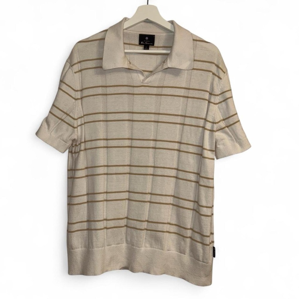 Ben Sherman White and brown striped knit polo shirt Men's Size Large